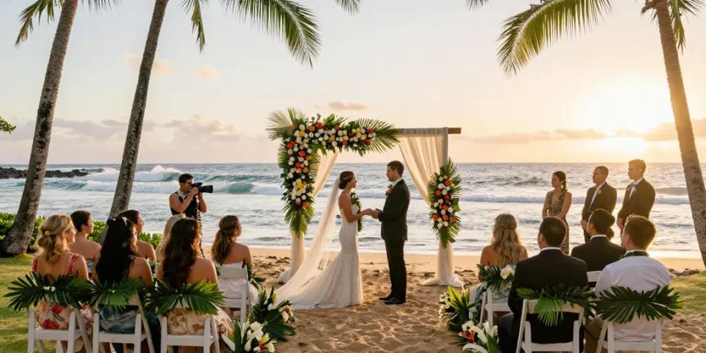 Oahu wedding photographer capturing a couple exchanging vows at a beachfront ceremony.