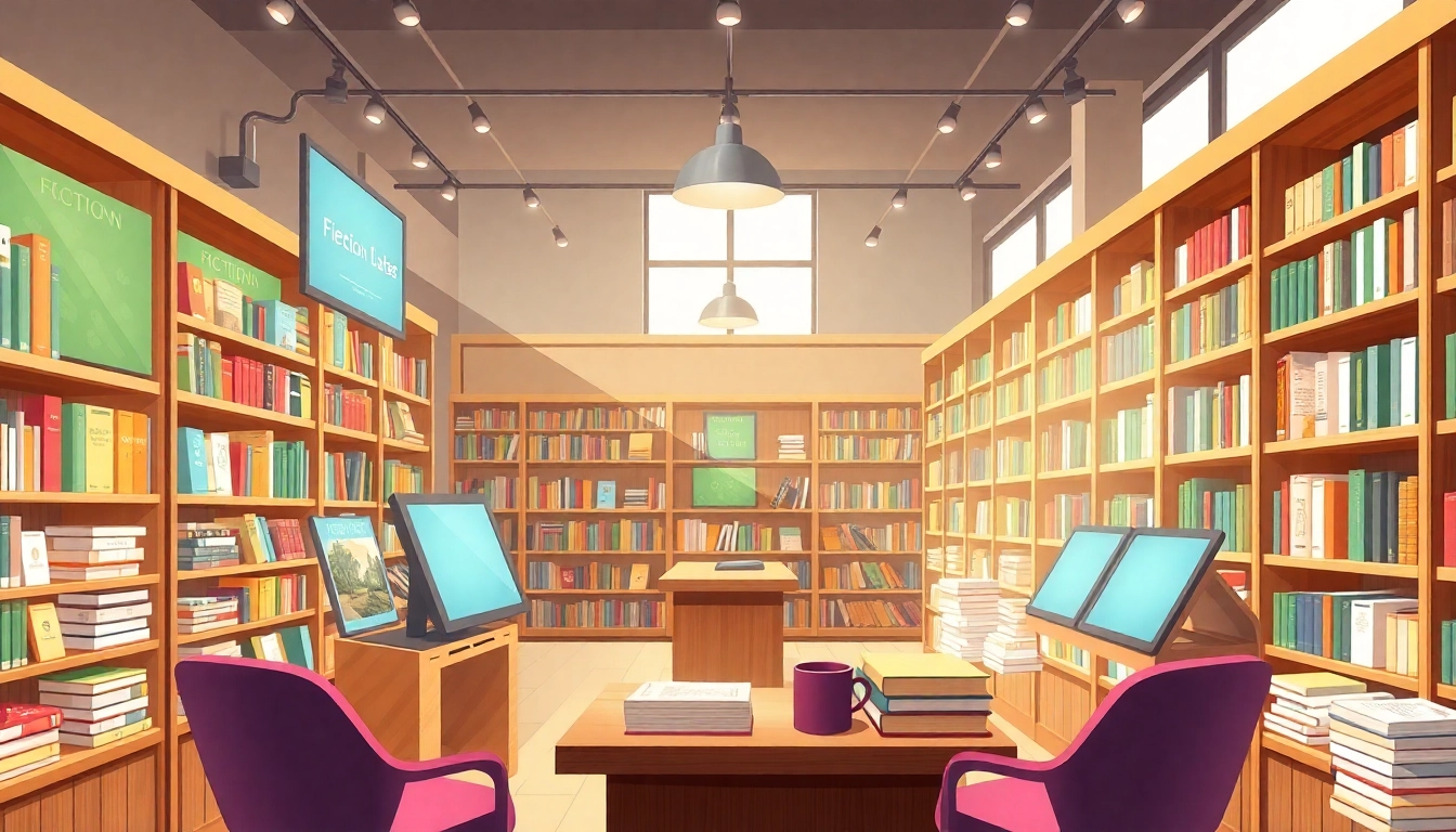 Engaging scene at Booklab Authority showcasing a modern digital bookstore filled with vibrant books and inviting atmosphere.