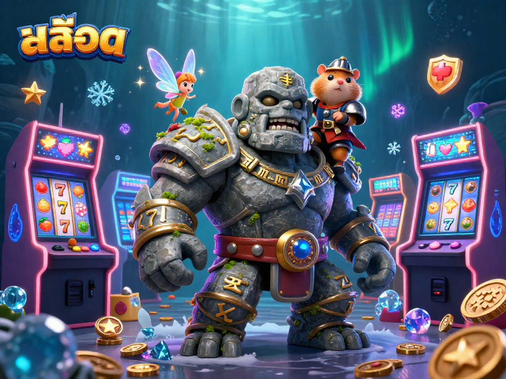 Engage in the thrilling world of สล็อต with a colorful 3D illustration showcasing vibrant slot machines, magical creatures, and gaming elements.