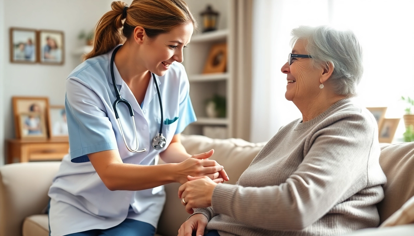 Engaged caregiver providing in home care austin tx with compassion in a warm living room.
