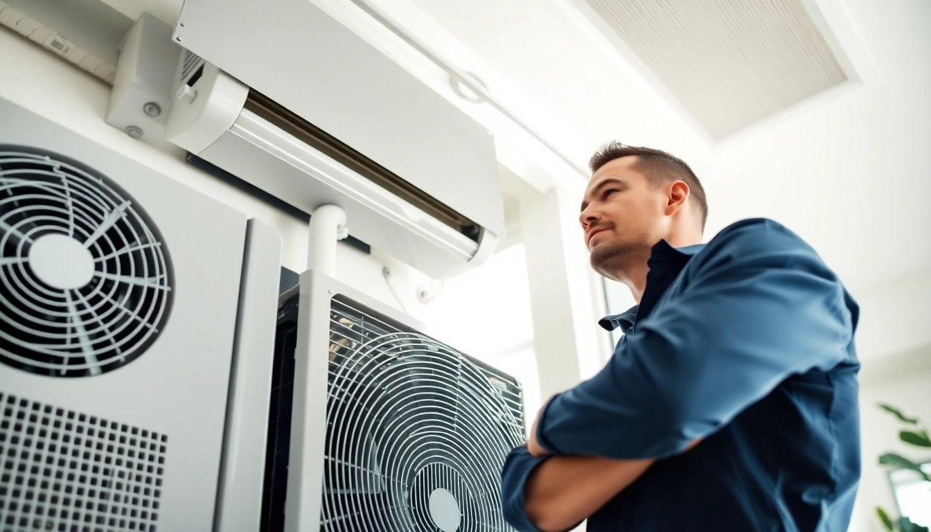 Inspecting Scottsdale AC system amid modern home comforts and blue tones.