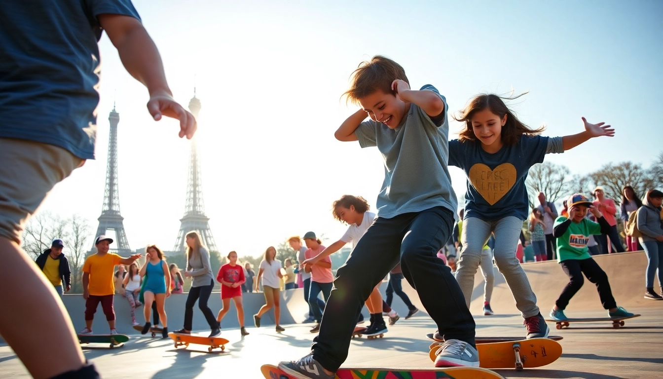 Cours Skateboard Paris featuring kids learning skateboarding tricks in a vibrant skatepark.
