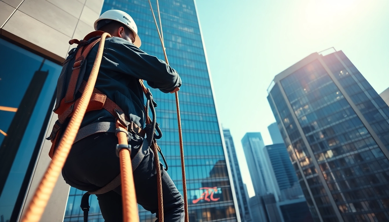 Worker performing industrial rope access on a high-rise building, showcasing safety and skill.