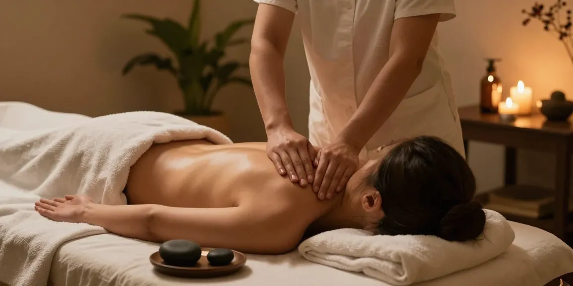 마사지 치료를 받는 고객과 편안한 스파 환경의 이미지, 아로마 오일과 부드러운 조명 포함