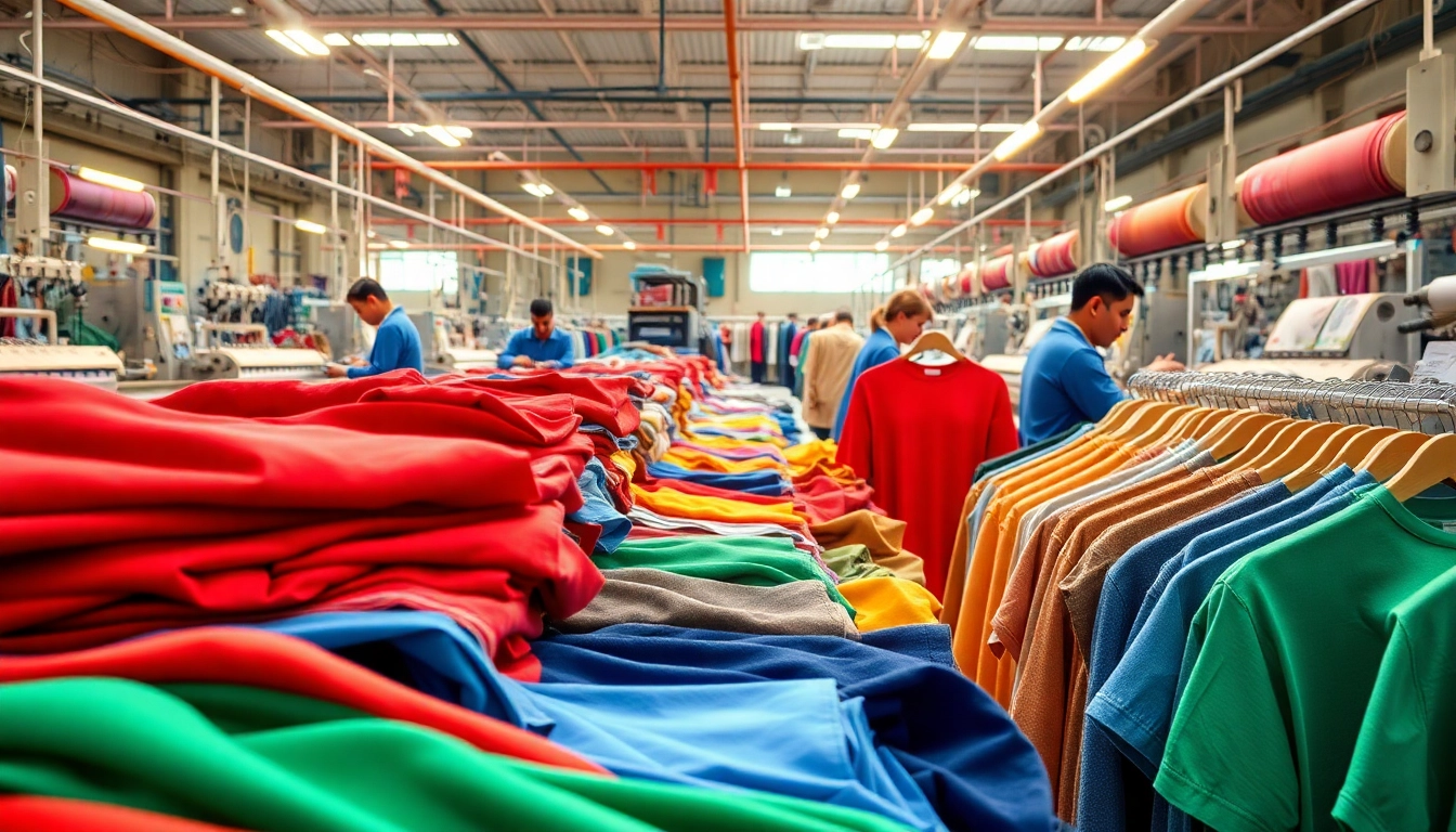 Showcase of Clothing Manufacturer China with vibrant fabrics and skilled workers in a textile factory setting.