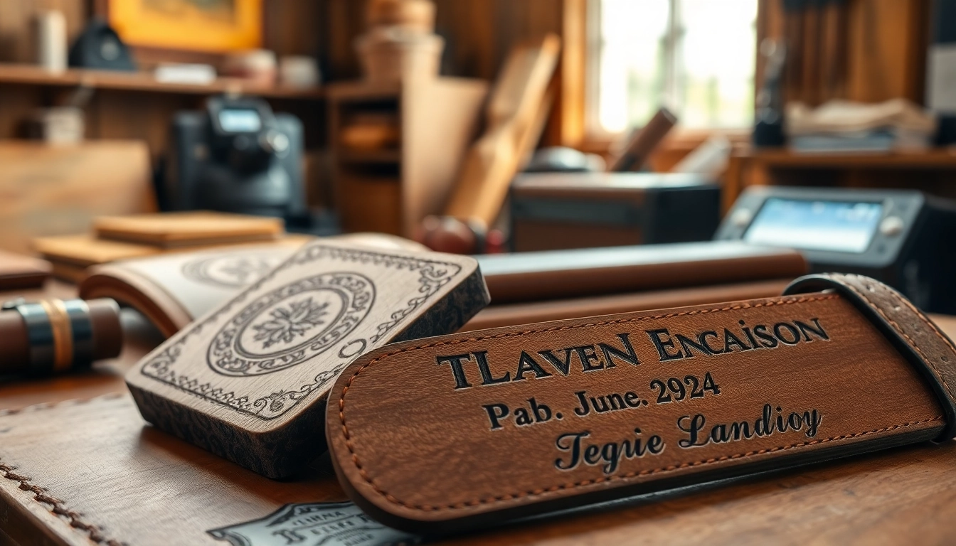 Showcase of laser engraving designs on wood and leather surfaces highlighting intricate details.