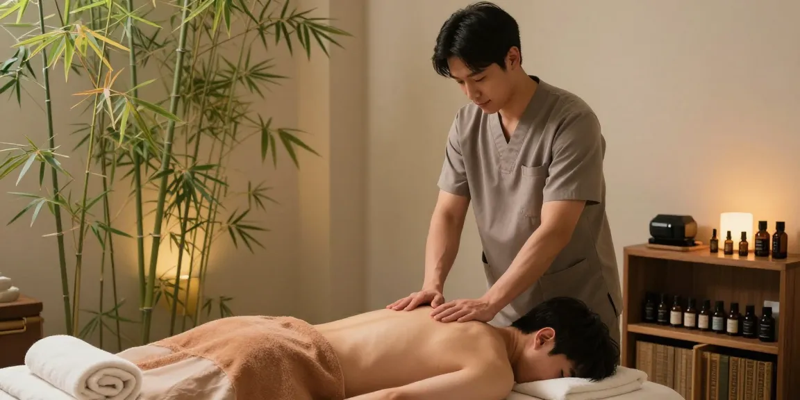 포항마사지로 편안한 분위기를 만들어 가는 남성 마사지사와 아늑한 스파 룸