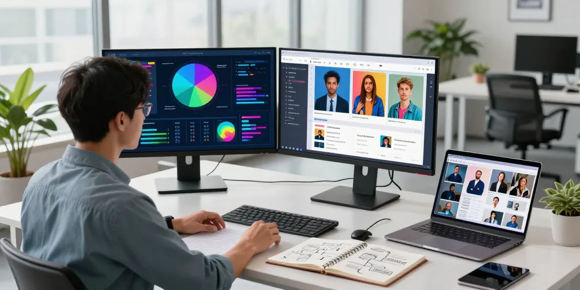 Free AI image detector in action with a data scientist analyzing images on dual screens in a modern office.