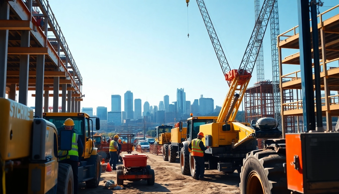 Tennessee construction news featuring a bustling construction site in Nashville with workers and machinery.