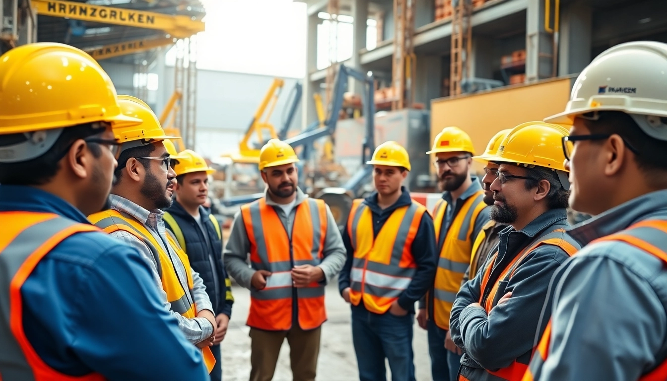 Workers participating in construction safety training session with detailed safety protocols.