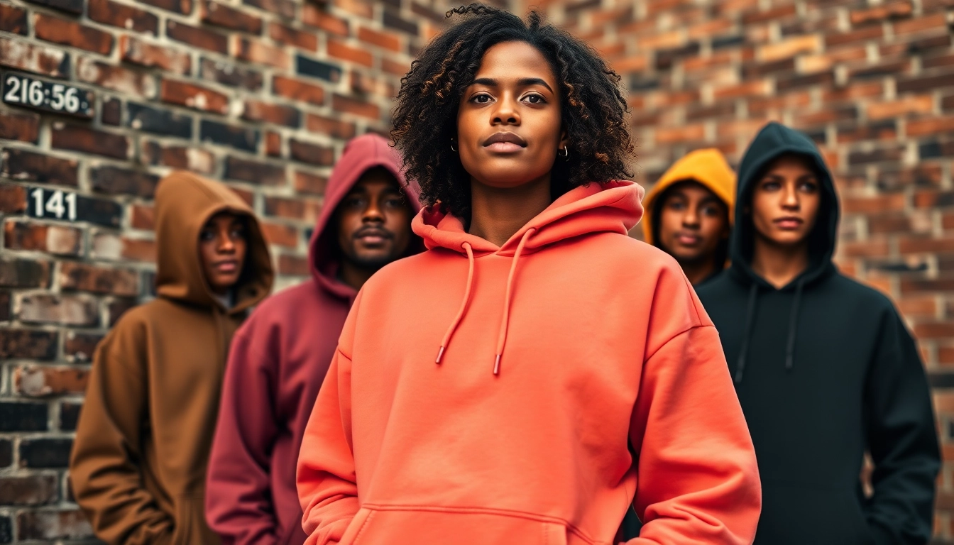 Showcasing trendy blank hoodies worn by a model in an urban setting.