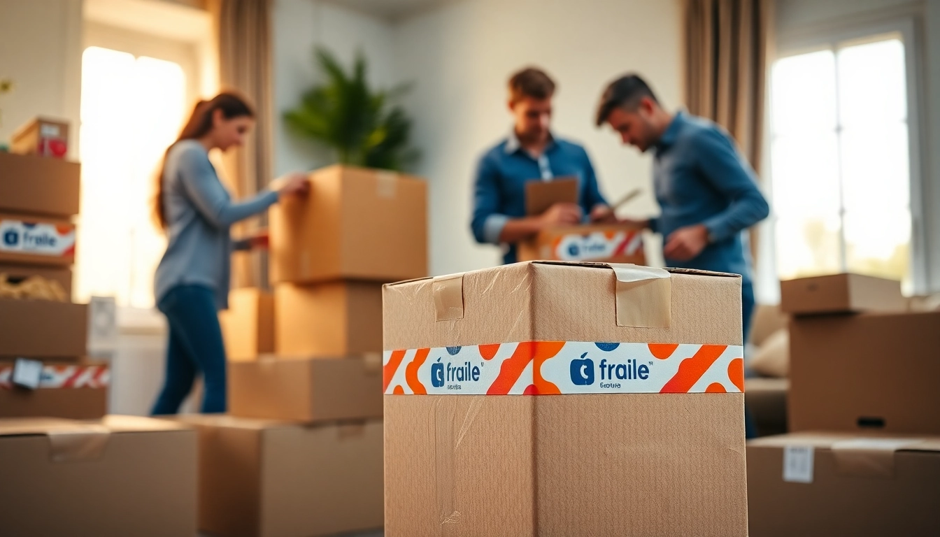 Using packing services for moving, professional packers organize belongings in a bright living room.