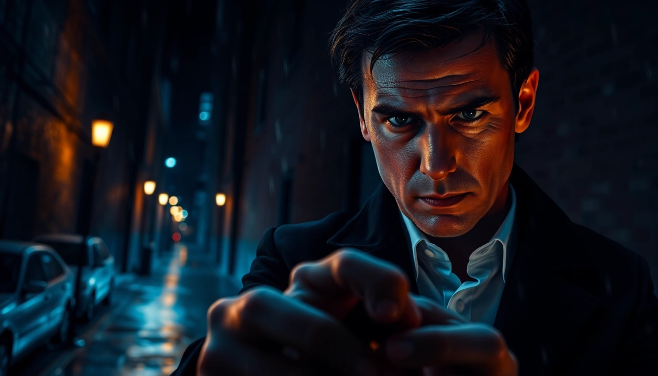 Thrilling detective exploring clues in a suspenseful thriller movie setting.