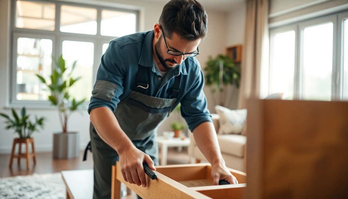 Expert performing assembly and installation services on furniture in a cozy living room.