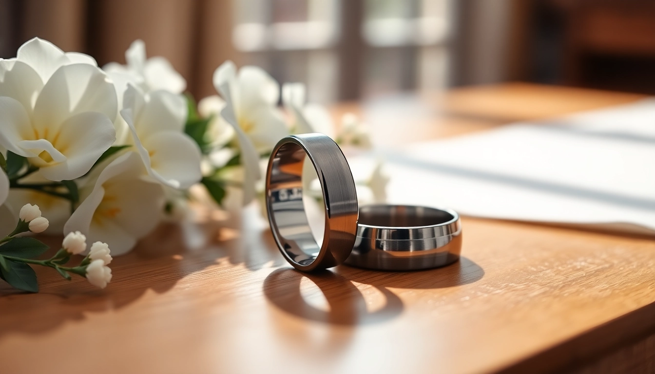 Admire the sleek tungsten wedding bands highlighted against elegant floral decor.