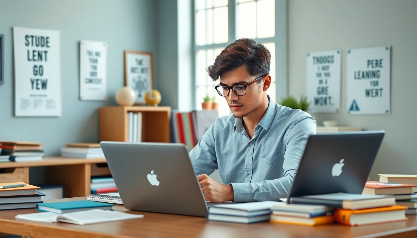 Pay someone to take gre for me, focused student studying with a laptop and books in a bright, organized space.