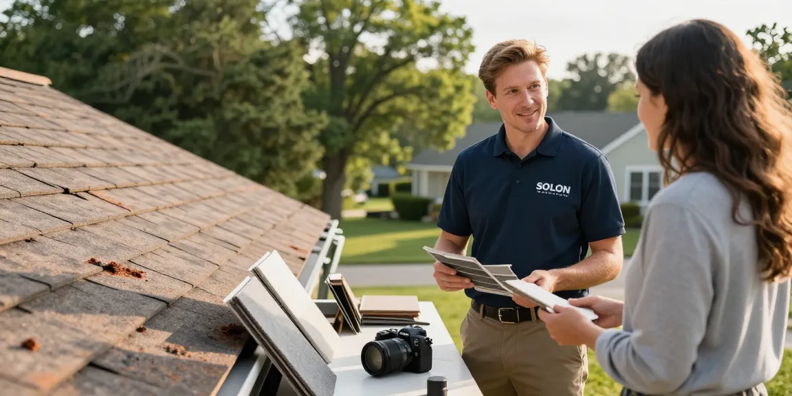 Professional roofing contractor in Solon consulting with homeowner about roof replacement options.