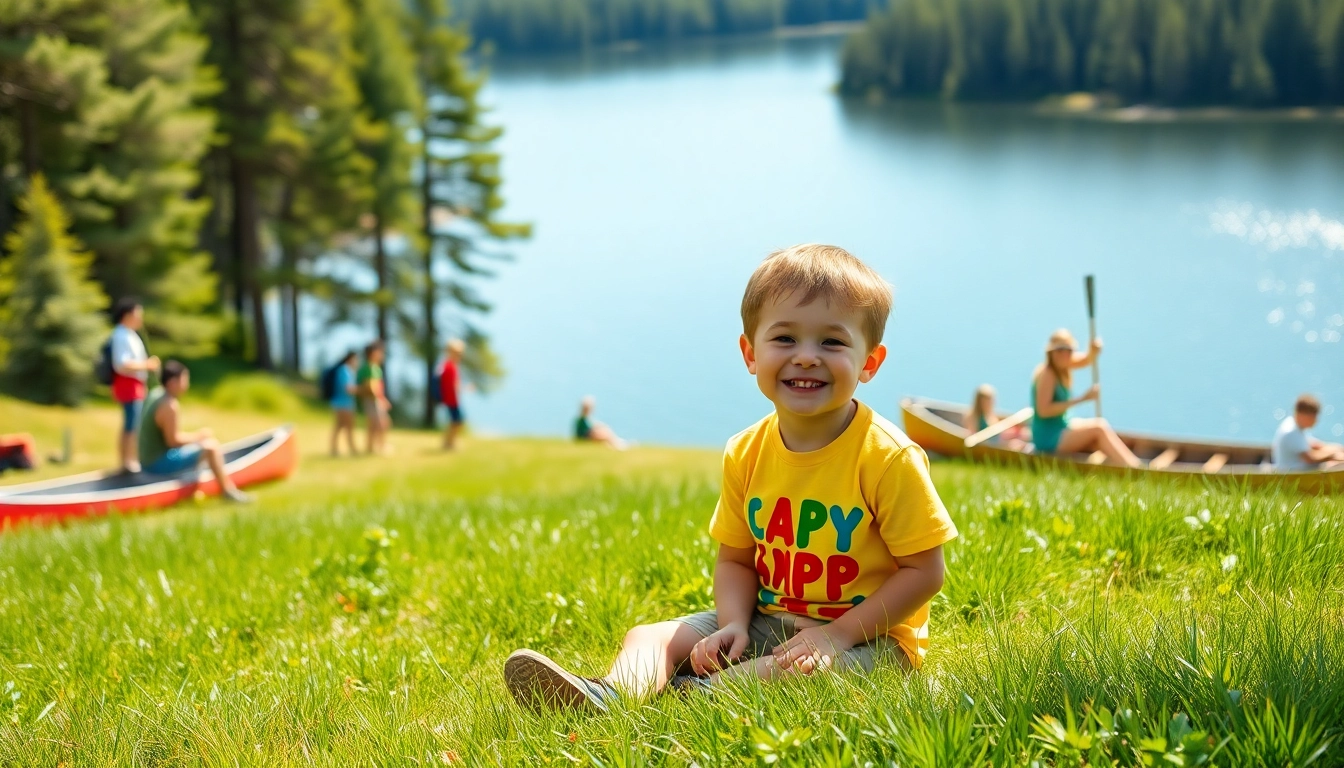 Celebrate a joyful child's first time at overnight camps amidst a lively nature setting.