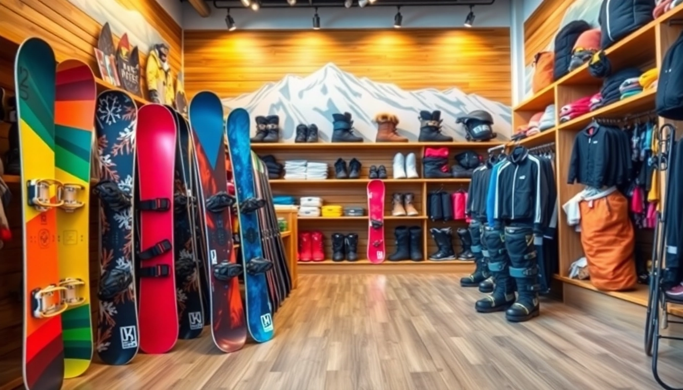 Shop snowboards and winter gear at a vibrant snowboard store showcasing a wide selection.