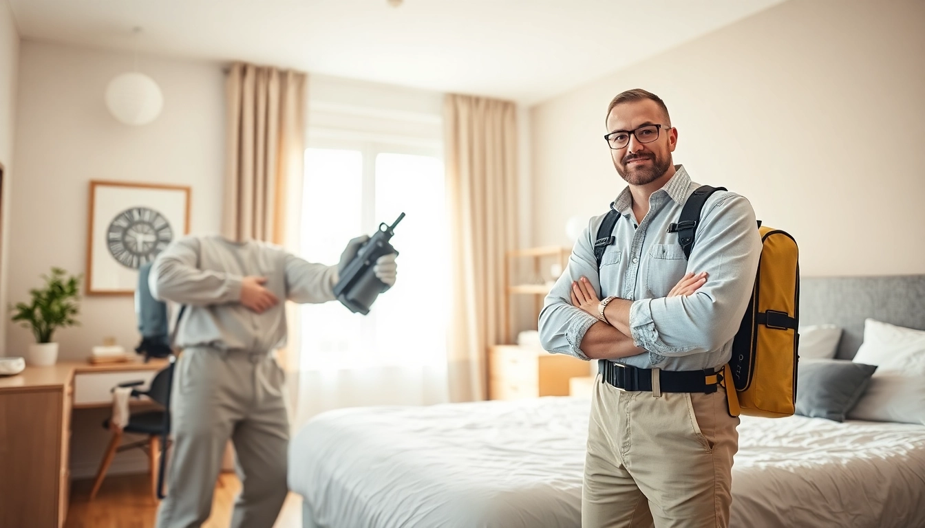 Expert bed bug exterminator conducting thorough treatment in a well-lit bedroom setting.