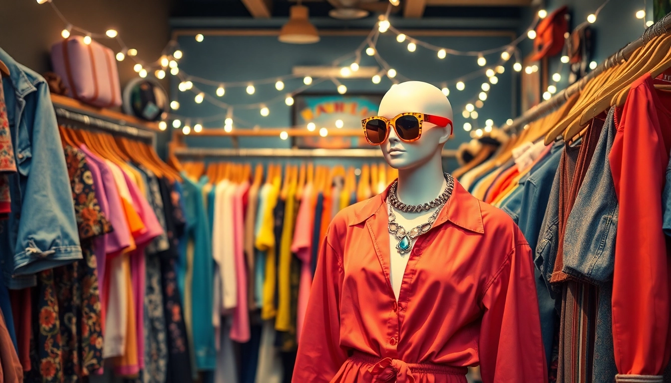 Shop unique pieces from https://thrift-vintage.com/ amidst vibrant vintage fashion set in a cozy boutique.
