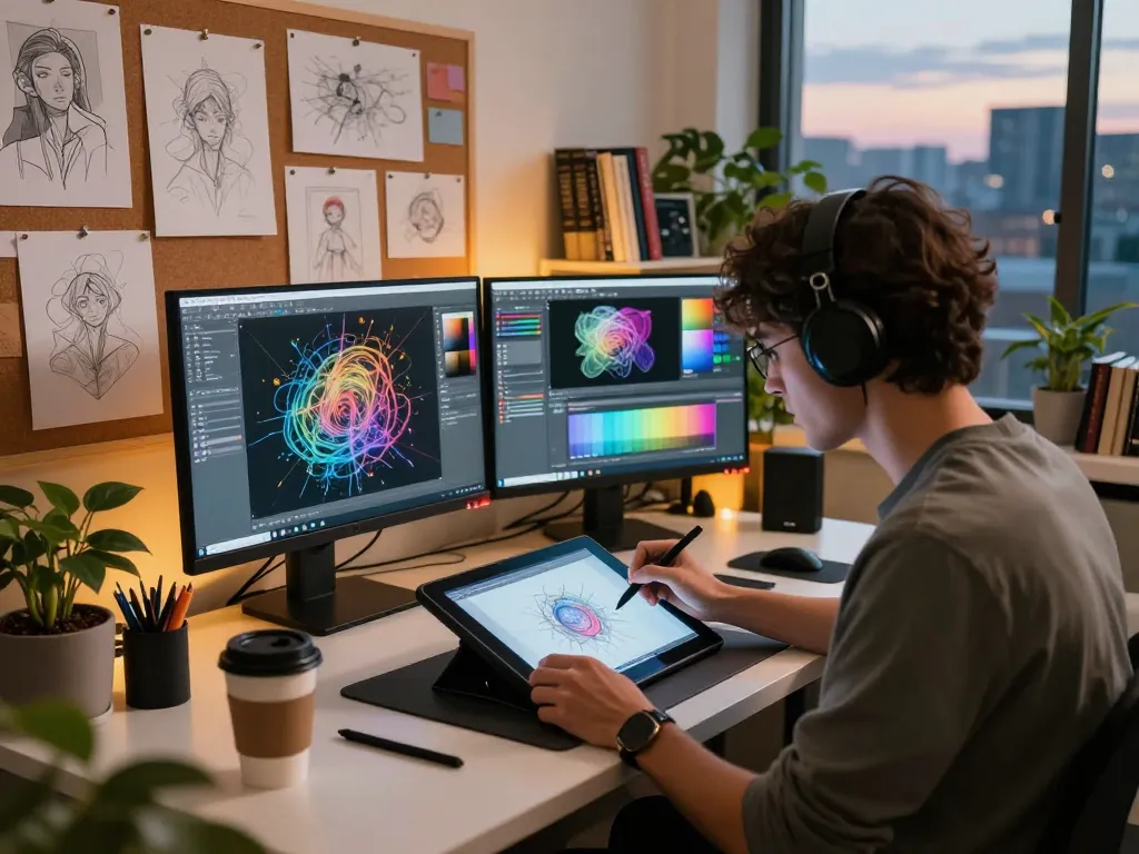 Artist creating AI-generated art in a vibrant studio, showcasing sex ai technology creatively.