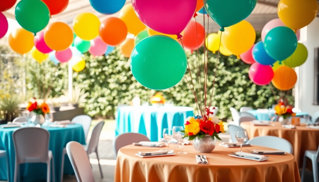 Engaging party scene showcasing Party Rentals Near Me with vibrant decor, tables, and festive atmosphere.