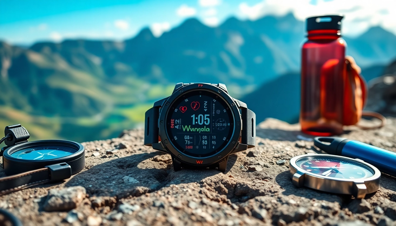 Showcasing an Explorer GPS Smart Watch displaying fitness stats in a natural outdoor setting.