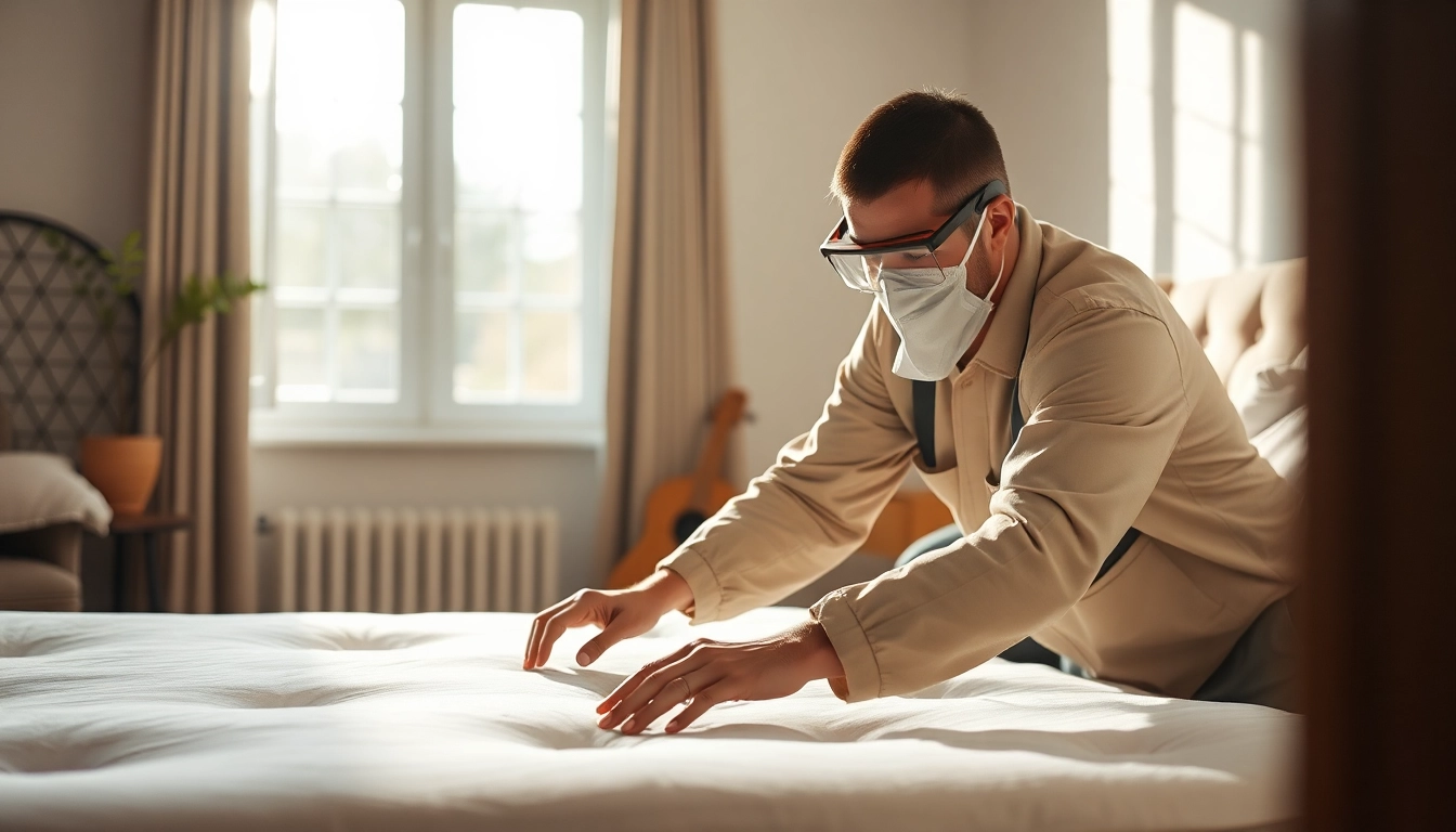 Bed bug exterminators inspecting a mattress for bed bugs in a bright residential setting.