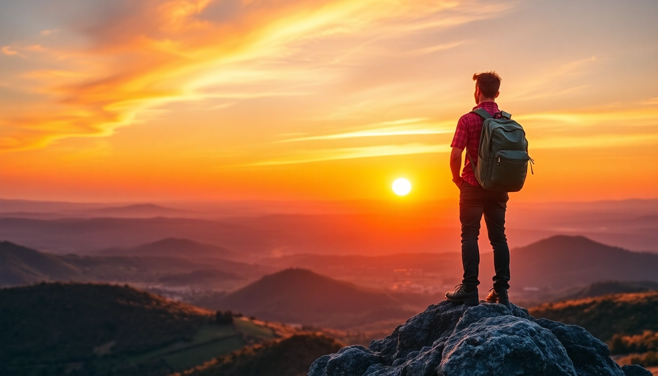 Inspire adventure at https://fernweh-abenteuer.de with a traveler enjoying a sunset view from a mountain peak.