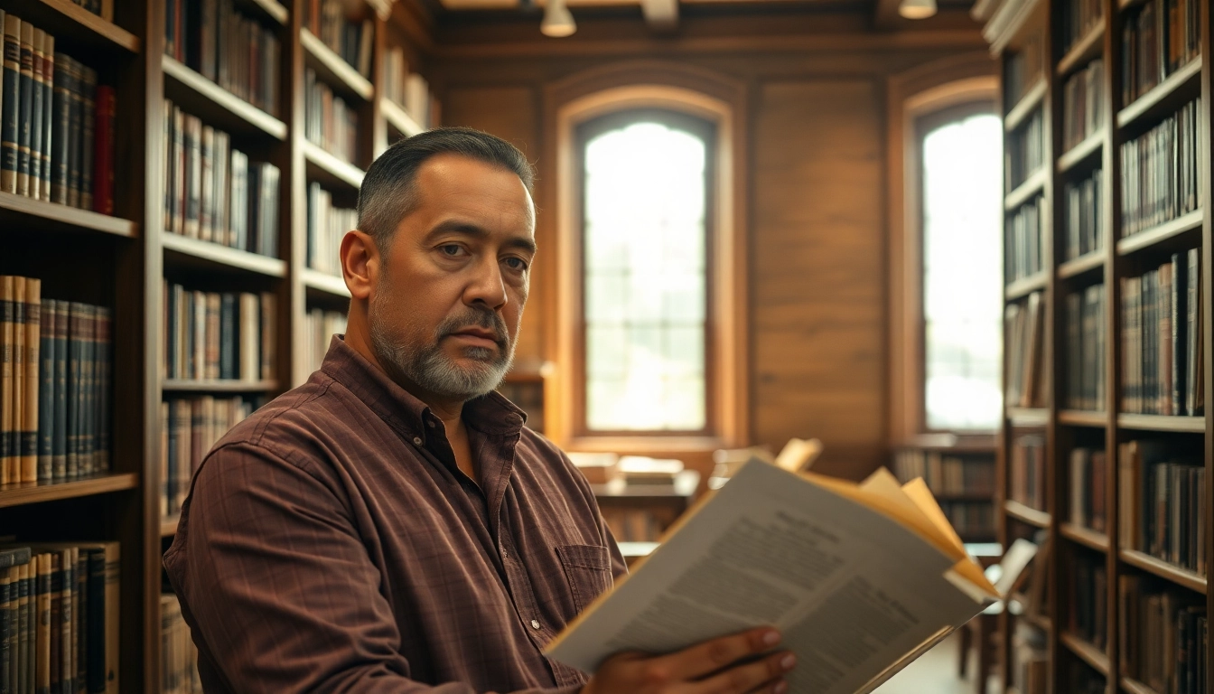 Dee Brown reflecting on his writing in a cozy library, surrounded by books.