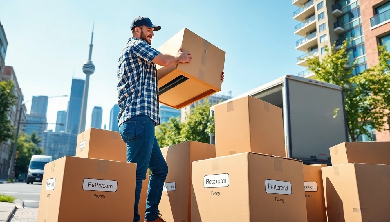 Moving services in Toronto showcasing professional movers efficiently relocating items on a bright sunny day.
