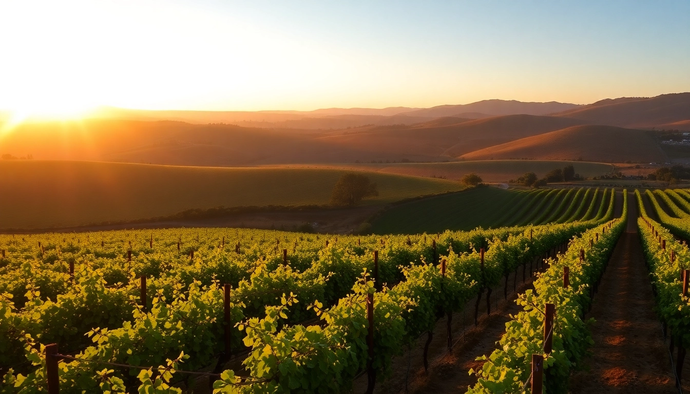 Experience vibrant vineyards in Clarksburg CA under a golden sunset.