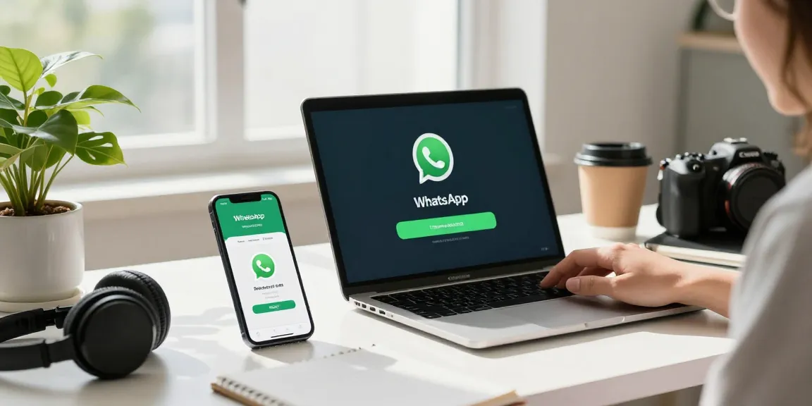 Engaged user downloading WhatsApp下載 on smartphone and laptop in a bright workspace.