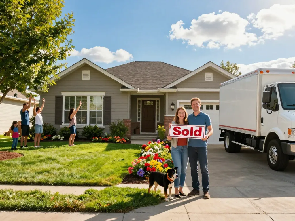 Homeowner celebrating fast cash for homes success with a sold sign in sunny suburban setting.