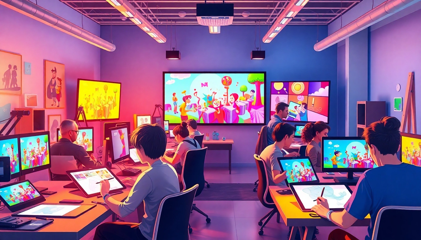 Animation Agency arbeitet kreativ in einem bunten Studio mit motivierenden Designs.