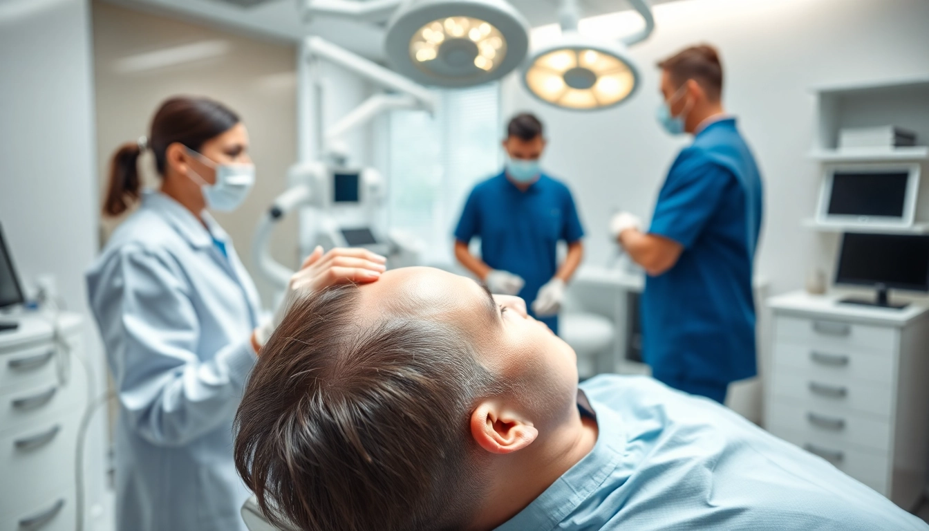 Patient receiving a hair transplant in London with attentive medical staff.