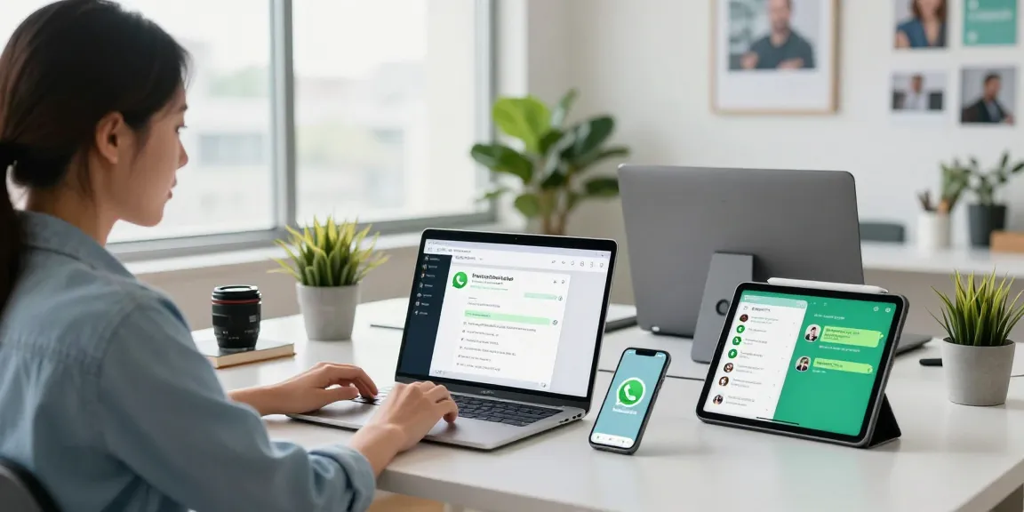 WhatsApp下載 interface on a laptop in a modern workspace with a woman using tech to connect.
