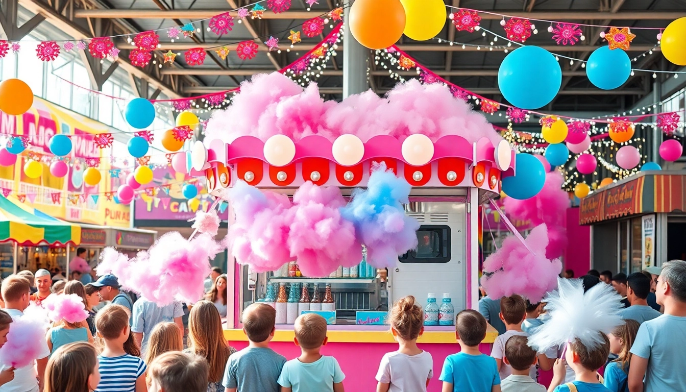 Geniet van kleurrijke wafel katoen in een levendige kraam op de kermis.