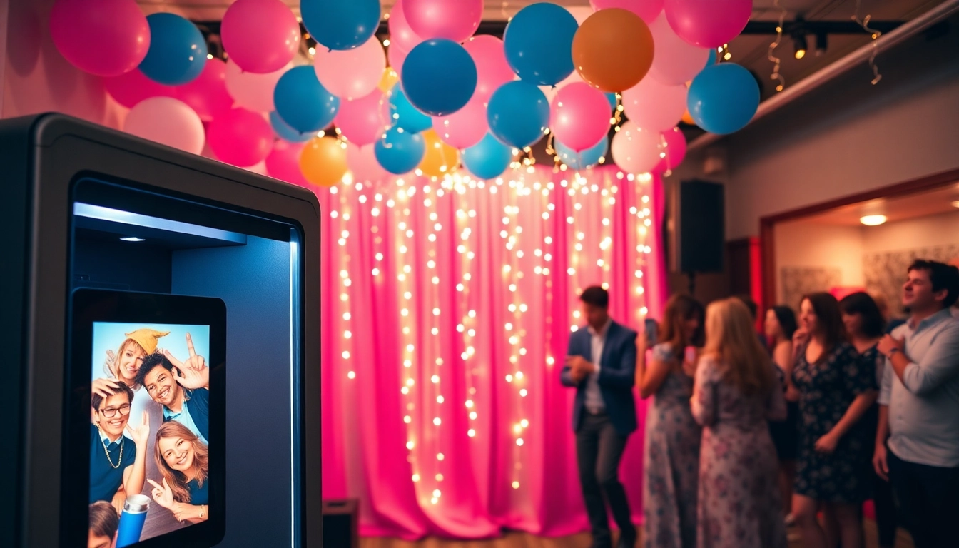 Engaging photo booth rental setup with guests enjoying at a vibrant event.