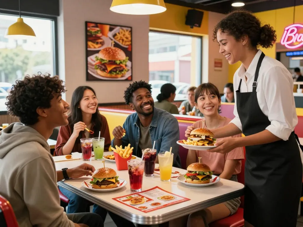 Fast food menu items displayed at a lively restaurant, showcasing burgers and fries.