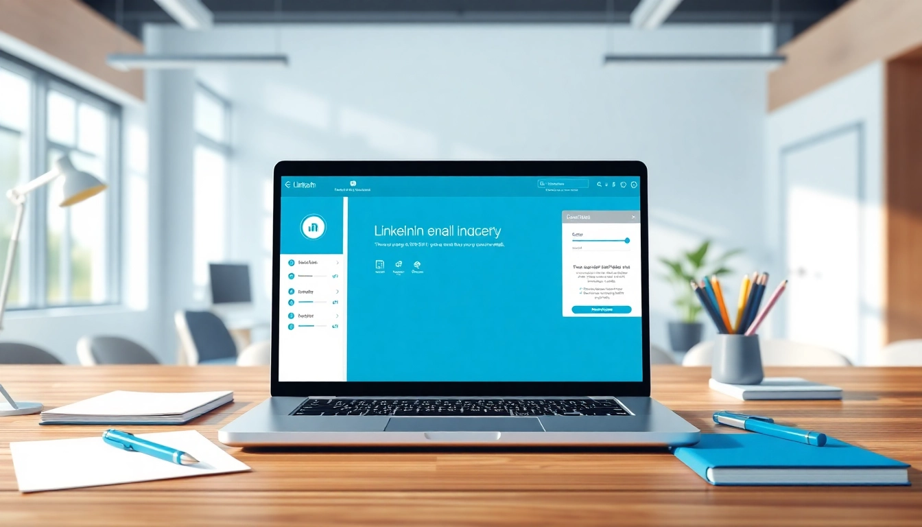 Utilize a linkedin email scraper tool displayed on a laptop in a modern workspace for efficient email extraction.