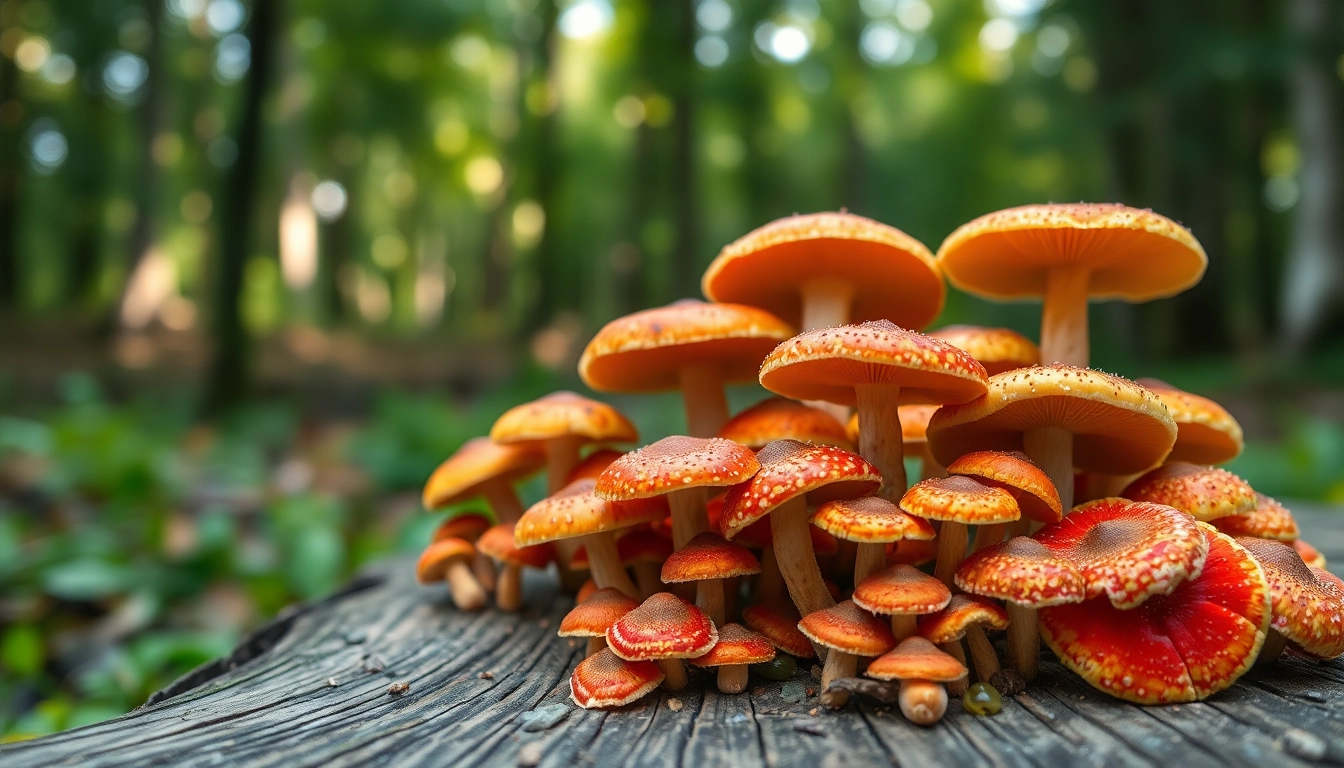 Buy psychedelics online Canada showcased through vibrant mushrooms on rustic wood.