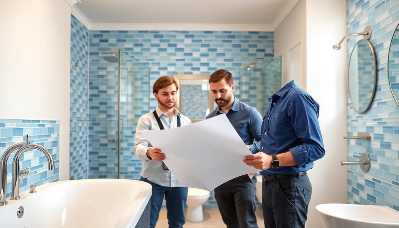 Skilled bathroom installers collaborating in a modern bathroom renovation project.
