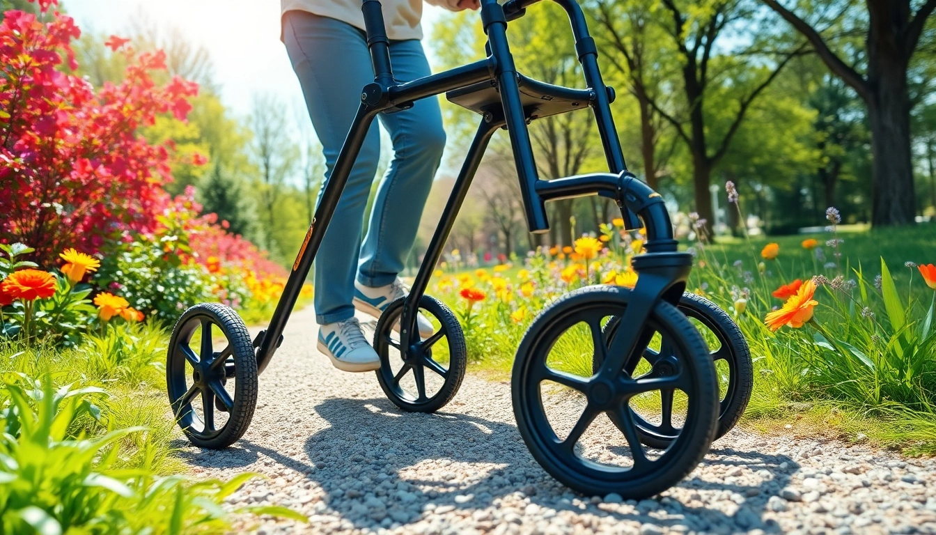 Senior using outdoor rollator on a sunny park path with vibrant flowers.