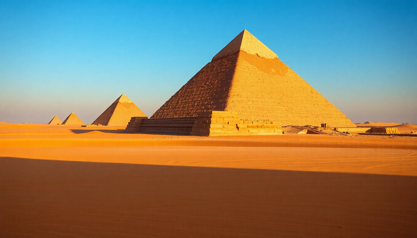 A breathtaking view of the piraminds in the Giza Plateau illuminated by natural sunlight.