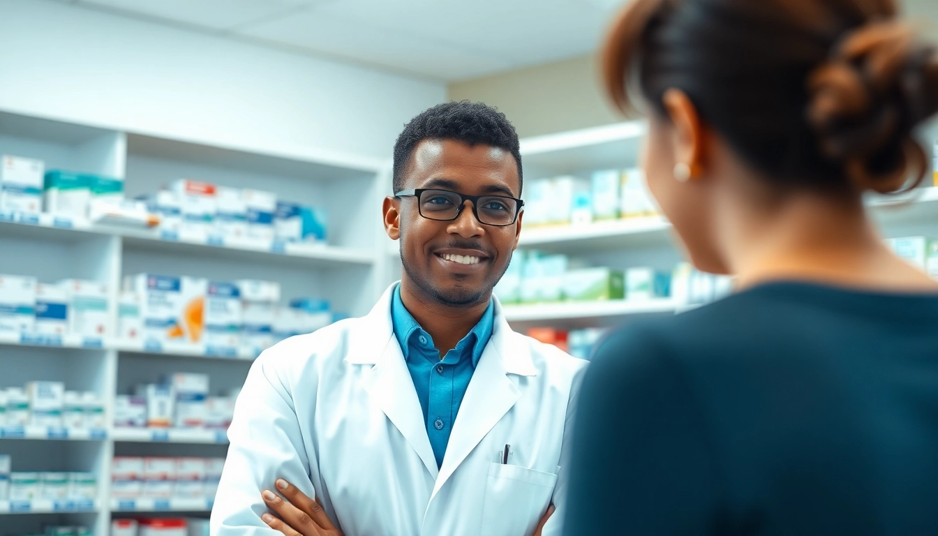 Engaging consultation at MediClick Pharmacy with a pharmacist assisting a customer.