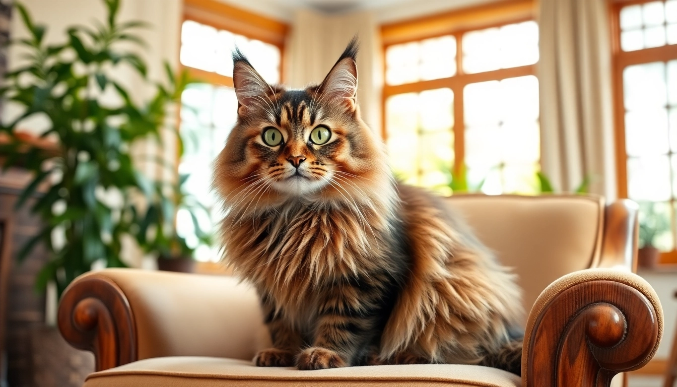 Maine Coon cats for sale featuring a majestic cat in a cozy living room setting.