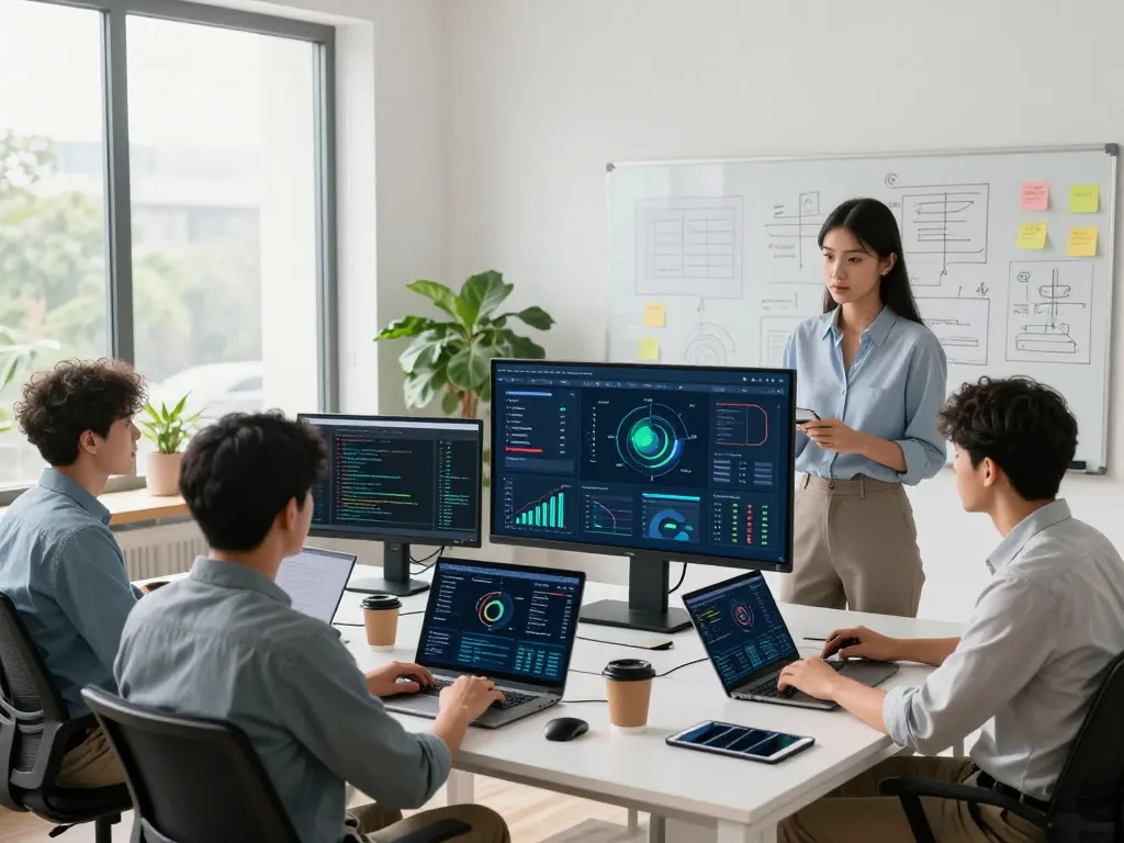 Team of developers collaborating on Schneider energy management software in a modern office setting.