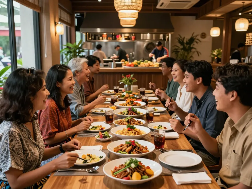 Friends enjoying a vibrant dining experience at Pokerseri restaurant with delicious dishes.